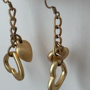 Dangle gold tone heart earrings/ pierced ears only/ antique mat finish